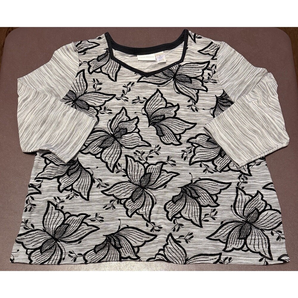 Alfred Dunner Women’s XL Black and Gray 3/4 Shirt Embellished Top Butterflies